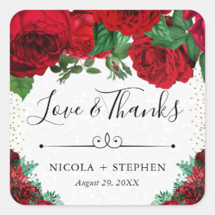 Sticker Carré Mariage aux Roses Glam Rouge Aquarelle