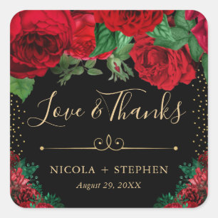 Sticker Carré Mariage aux Roses Glam Rouge et Or Aquarelle