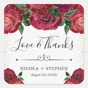 Sticker Carré Mariage aux Roses Glam Rouge et Or Aquarelle