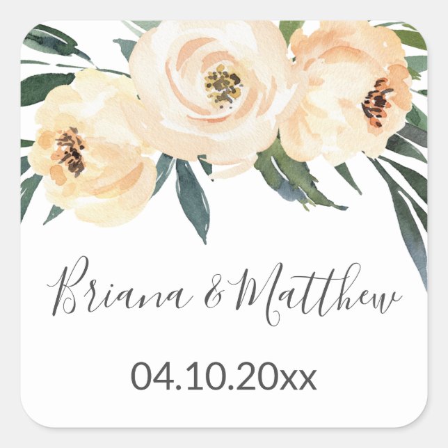 Sticker Carré Mariage Blanc Beige Floral Favorisant le Carré (Devant)
