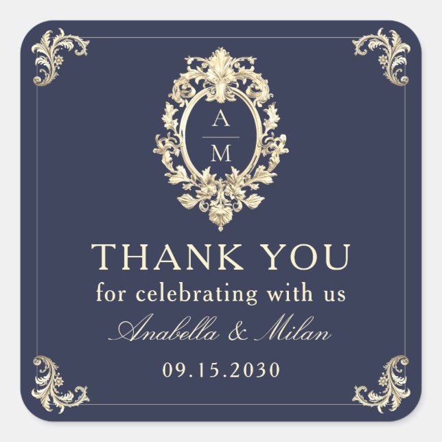 Sticker Carré Mariage bleu baroque de la marine Merci (Devant)