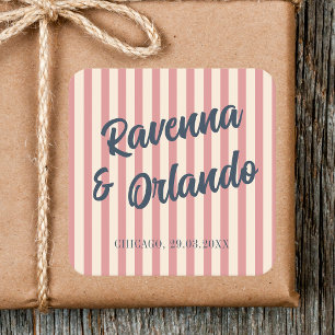 Sticker Carré Mariage bleu marine rose poudré rayures Rétro