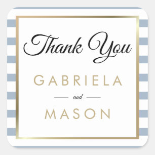 Sticker Carré Mariage Bleu Poussiéreux Faux Papier D'or Merci