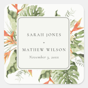 Sticker Carré Mariage botanique vert orange tropical