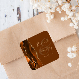 Sticker Carré Mariage Brun Orange Brûlé Agate Or
