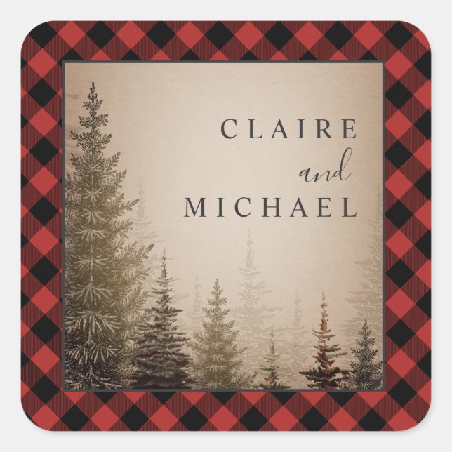 Sticker Carré Mariage Buffalo Plaid Arbres À feuillage persistan (Devant)
