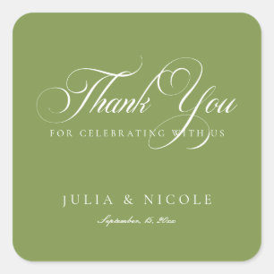 Sticker Carré Mariage Calligraphie Script Vert Ivoire Classique
