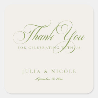 Sticker Carré Mariage Calligraphie Script Vert Ivoire Classique