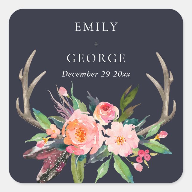 STICKER CARRÉ MARIAGE CAMPAGNARD FLORAL BOHO NAVY BLUSH ANTLER (Devant)
