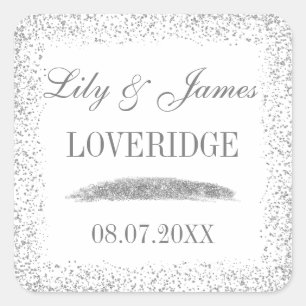 Sticker Carré Mariage Chic Glam Blanc et Gris Paillettes Argenté