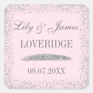 Sticker Carré Mariage Chic Glam Gris Argent Paillettes et Rose B
