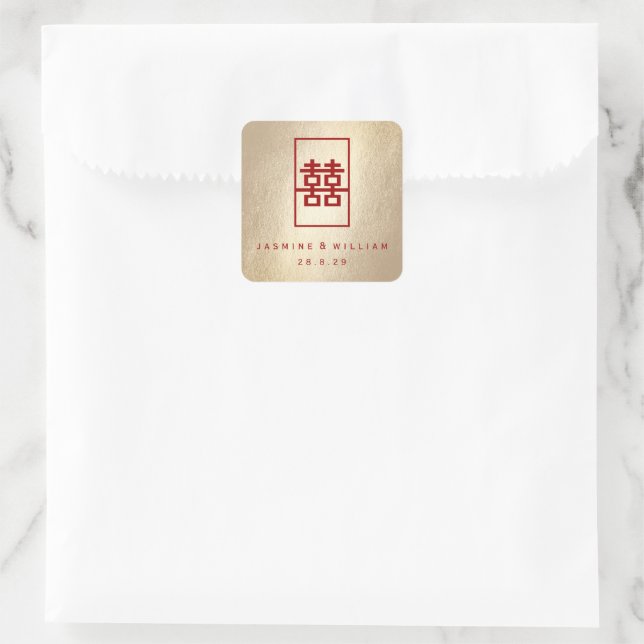 Sticker Carré Mariage chinois rectangle double bonheur or (Sac)