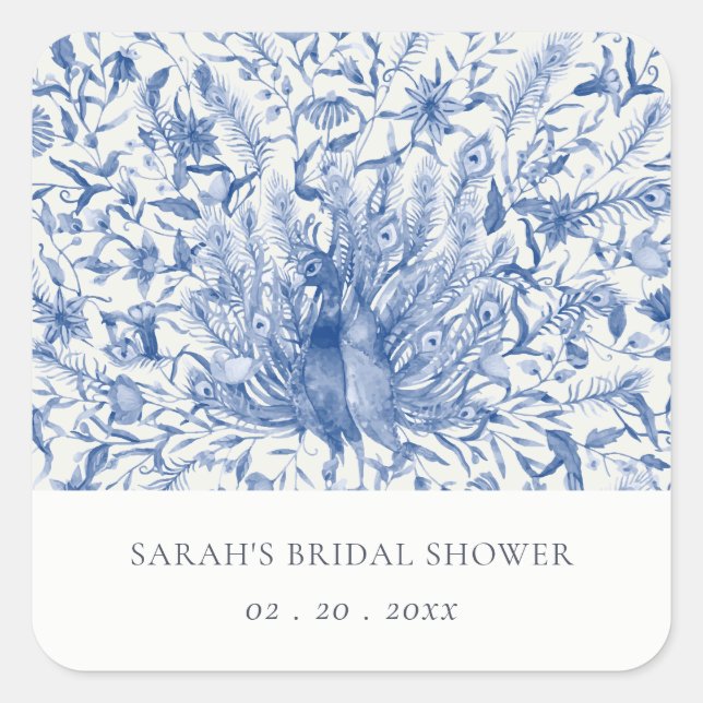 Sticker Carré Mariage Classieux Aquarelle Paon Bleu Floral Showe (Devant)