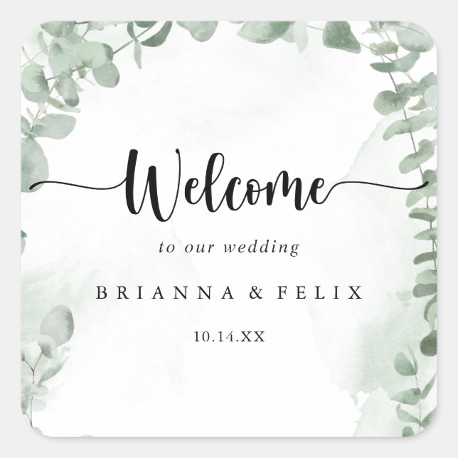 Sticker Carré Mariage classique de feuillage vert Eucalyptus Bie (Devant)