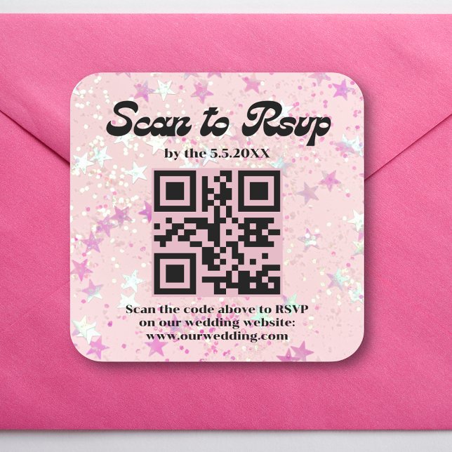 Sticker Carré mariage code qr rsvp écriture rétro rose   (Créateur téléchargé)