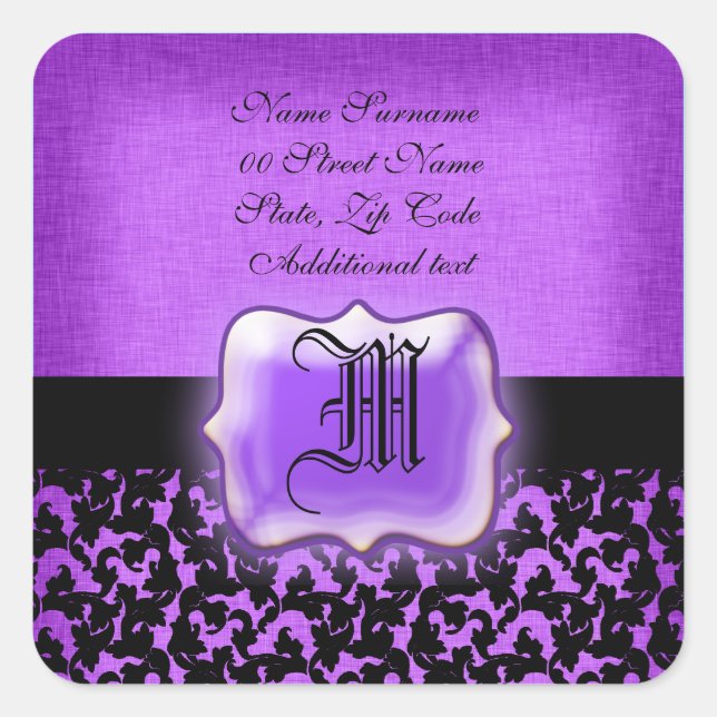 Sticker Carré Mariage damassé à fleurs violettes noir (Devant)