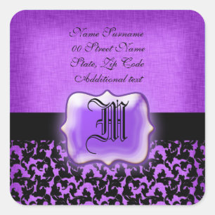 Sticker Carré Mariage damassé à fleurs violettes noir