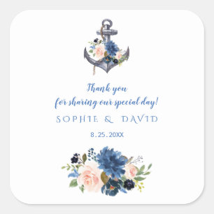 Sticker Carré Mariage d'Ancre floral bleu rose marine