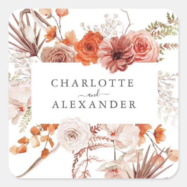 Sticker Carré Mariage d'aquarelle de couleur orange rouille (Devant)