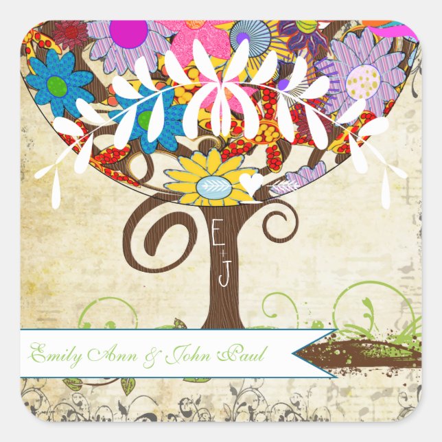 Sticker Carré Mariage d'arbre à fleurs lunaires (Devant)