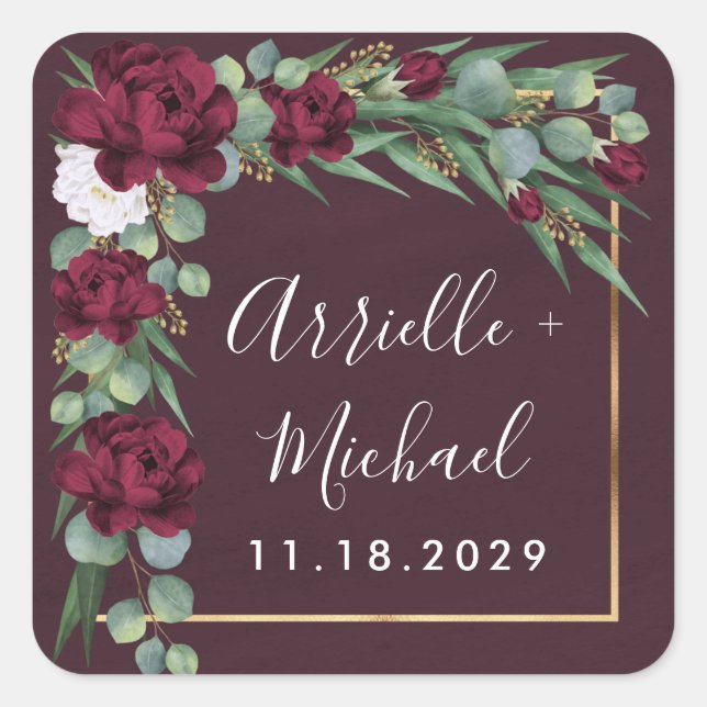 Sticker Carré Mariage de automne d'aquarelle florale de Bourgogn (Devant)