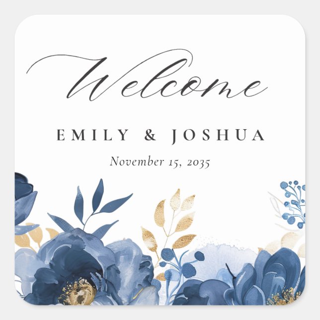 Sticker Carré Mariage de bienvenue Dusky Blue Gold Floral (Devant)