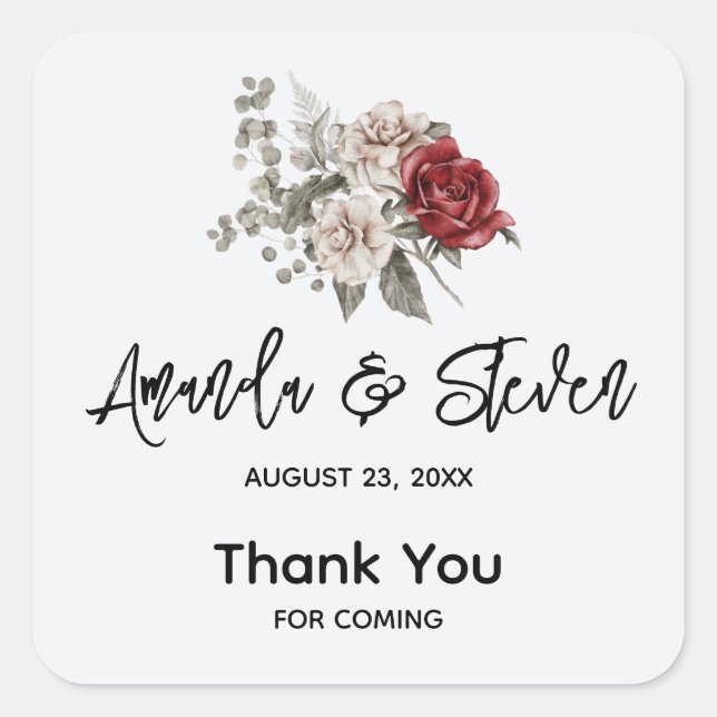 Sticker Carré Mariage de bouquet rouge gris et crème Boho (Devant)