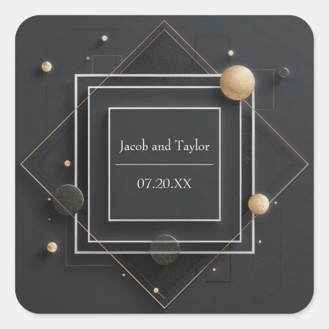 Sticker Carré Mariage de cadre géométrique moderne Black & Gold (Devant)
