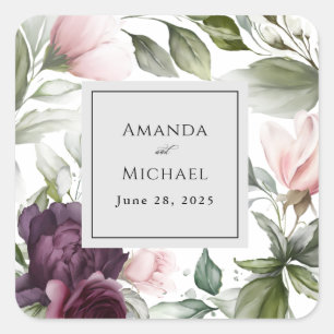 Sticker Carré Mariage de charme botanique rose et prune