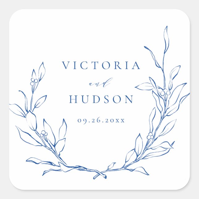 Sticker Carré Mariage de couronnes botaniques bleu simple (Devant)