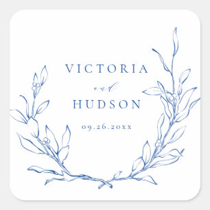 Sticker Carré Mariage de couronnes botaniques bleu simple