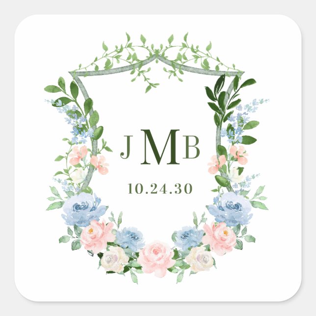 Sticker Carré Mariage de crête florale bleu poussiéreux (Devant)
