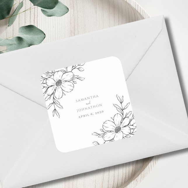 Sticker Carré Mariage de dessin de ligne florale noire blanche m (Créateur téléchargé)