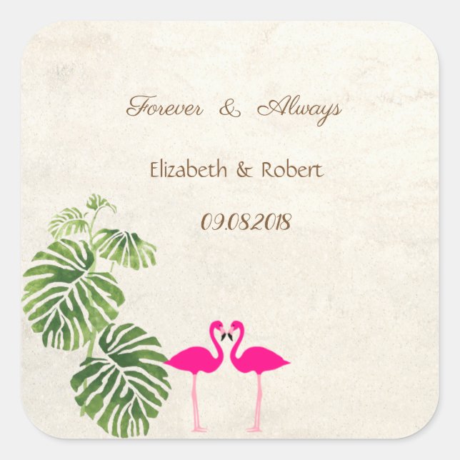 Sticker Carré Mariage de Flamants roses tropicaux (Devant)