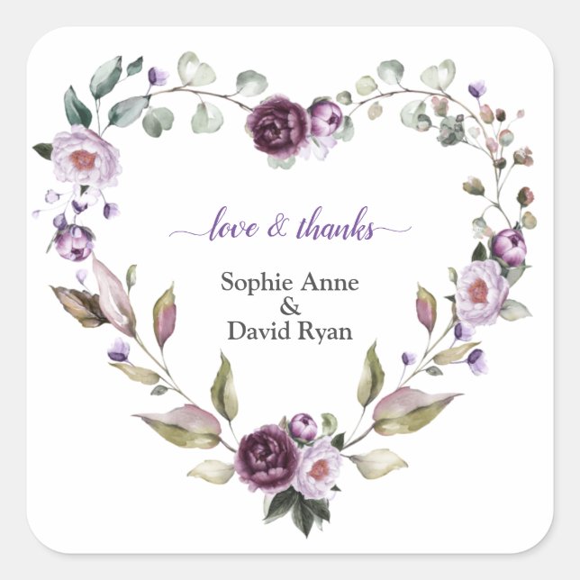Sticker Carré Mariage de fleur violet délicat aux pivoines roses (Devant)