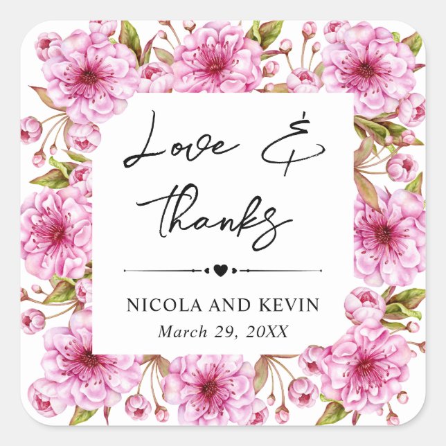 Sticker Carré Mariage de fleurs de cerisier rose Aquarelle (Devant)