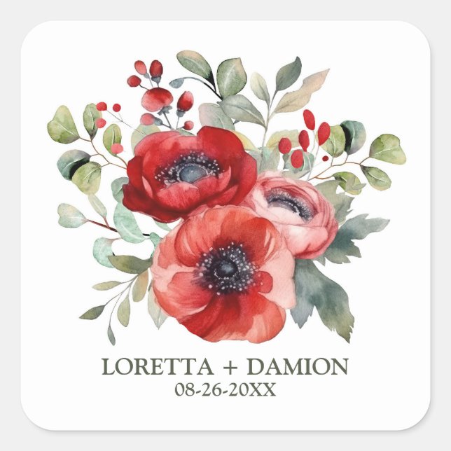 Sticker Carré Mariage de fleurs de pavot rouge (Devant)