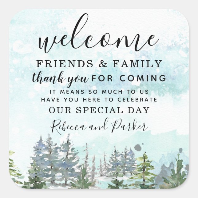 Sticker Carré Mariage de la forêt d'hiver Bienvenue merci (Devant)
