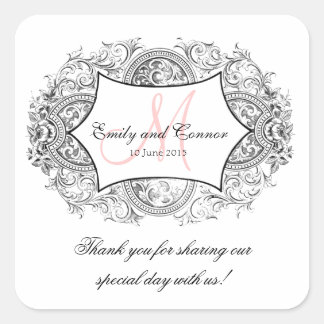 Sticker Carré Mariage de Merci de monogramme rose noir