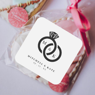 Sticker Carré Mariage de monogramme à anneaux diamant blanc et n