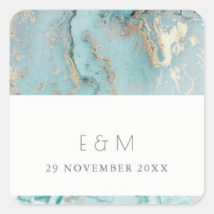 STICKER CARRÉ MARIAGE DE MONOGRAMME D'AGATE D'OR BLEU DUSKY AQUA