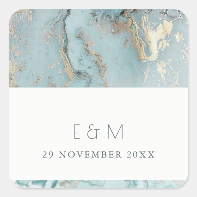STICKER CARRÉ MARIAGE DE MONOGRAMME D'AGATE D'OR BLEU DUSKY AQUA (Devant)