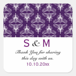 Sticker Carré Mariage de monogramme de Merci blanc pourpre