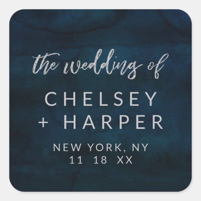 Sticker Carré Mariage de monogramme en argent bleu foncé de la m (Devant)