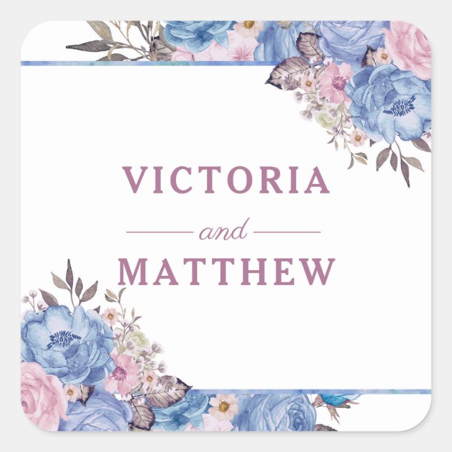 Sticker Carré Mariage de Monogramme Floral Bleu et rose parisien (Devant)