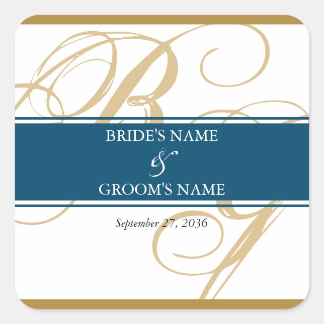 Sticker Carré Mariage de monogramme or Blue Elegant (Devant)