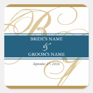 Sticker Carré Mariage de monogramme or Blue Elegant