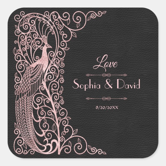 Sticker Carré Mariage de Peacocks Gold Art Déco rose (Devant)