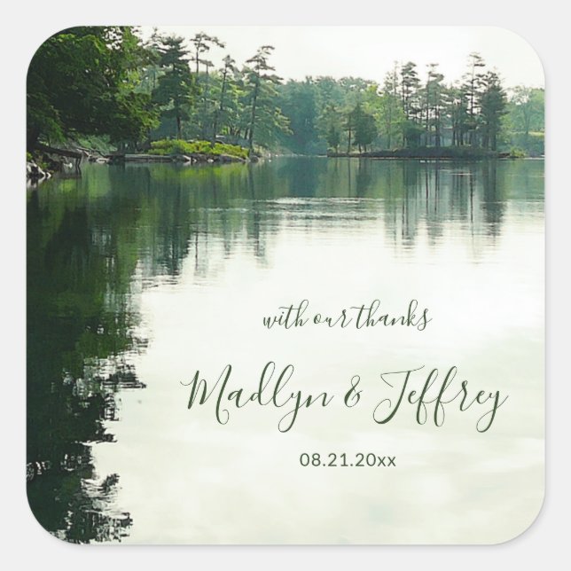 Sticker Carré Mariage de reflet evergreens au bord du lac rustiq (Devant)