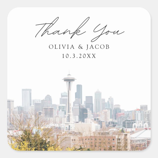 Sticker Carré Mariage de Seattle Kerry Park Merci (Devant)